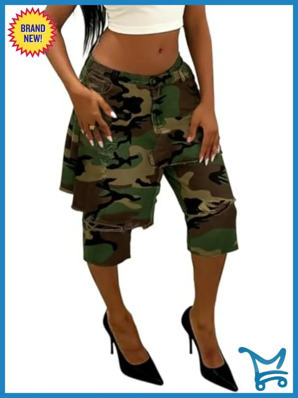 Wide Leg Camo Cargo Jean Shorts Baggy Ripped Bermuda Jorts